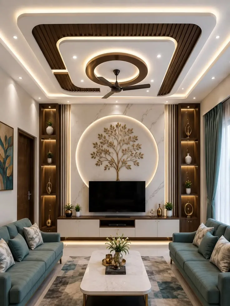 Compact apartment living room with a TV wall, side display shelves and a decorative false ceiling