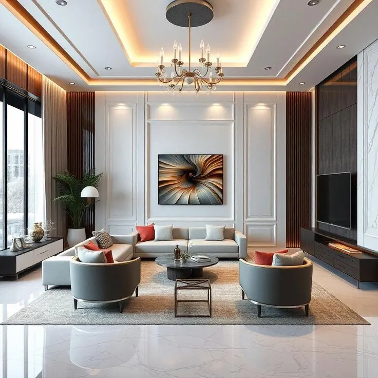 Spacious living room with a layered false ceiling, cove lighting and a central chandelier