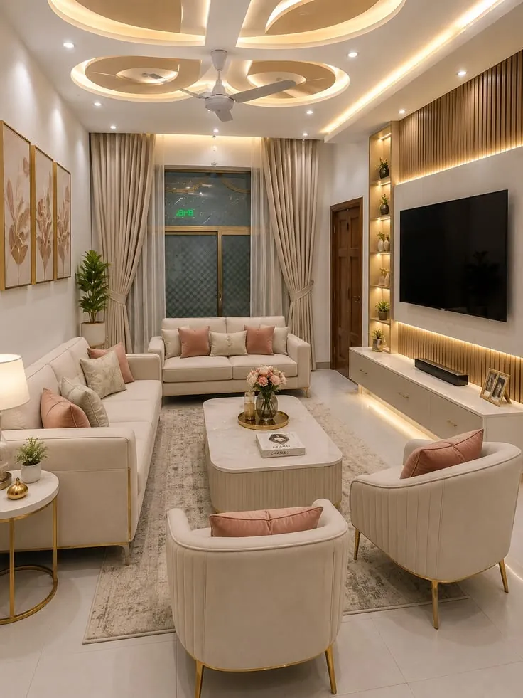 Modern living room with a cream sectional sofa, a paneled TV wall and a cove-lit false ceiling