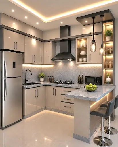 Compact L-shaped modular kitchen with grey shutters, a breakfast counter and pendant lights