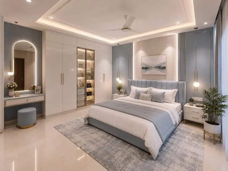 Modern master bedroom with a paneled bed back wall, full-height wardrobes, a dressing area and cove lighting
