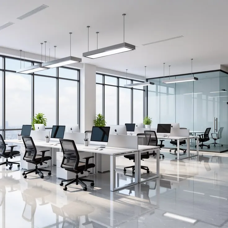 Bright commercial office interior with glass partitions, workstations and linear ceiling lights