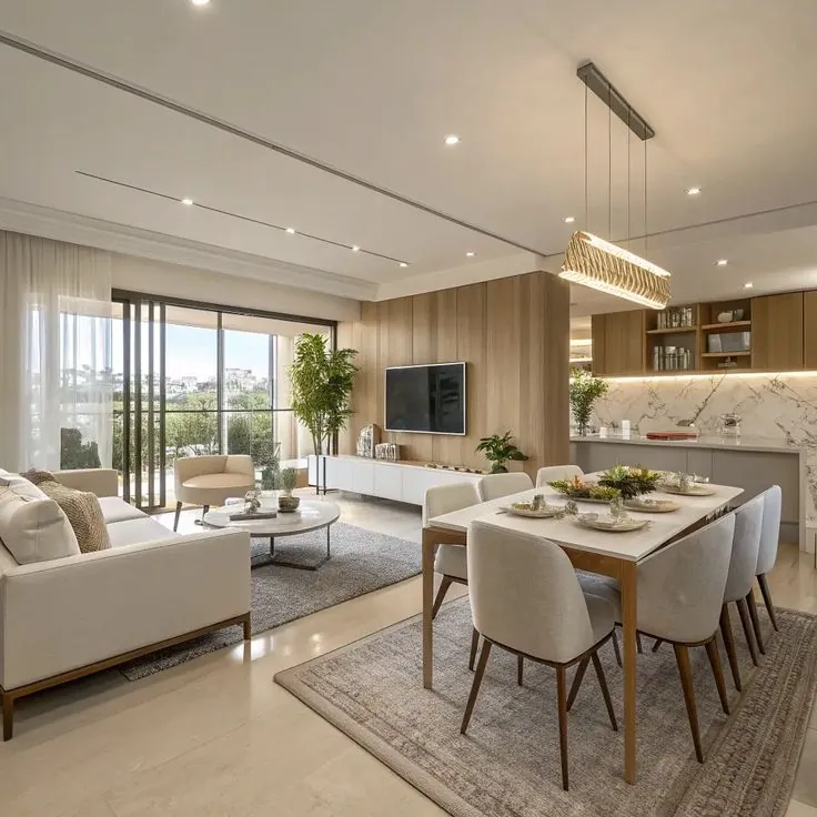 Bright, uncluttered living and dining space with neutral furniture and soft natural light