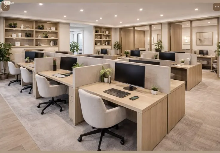 Modern open-plan office with wooden workstations, ergonomic chairs and storage shelving
