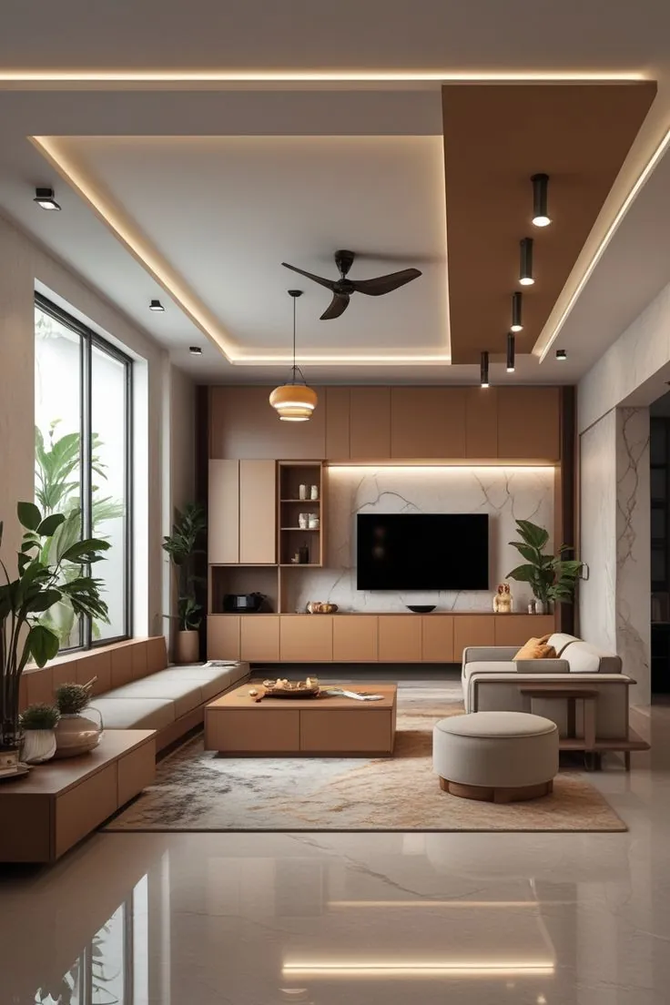Completed living room with a TV unit, false ceiling with cove lighting and coordinated furniture